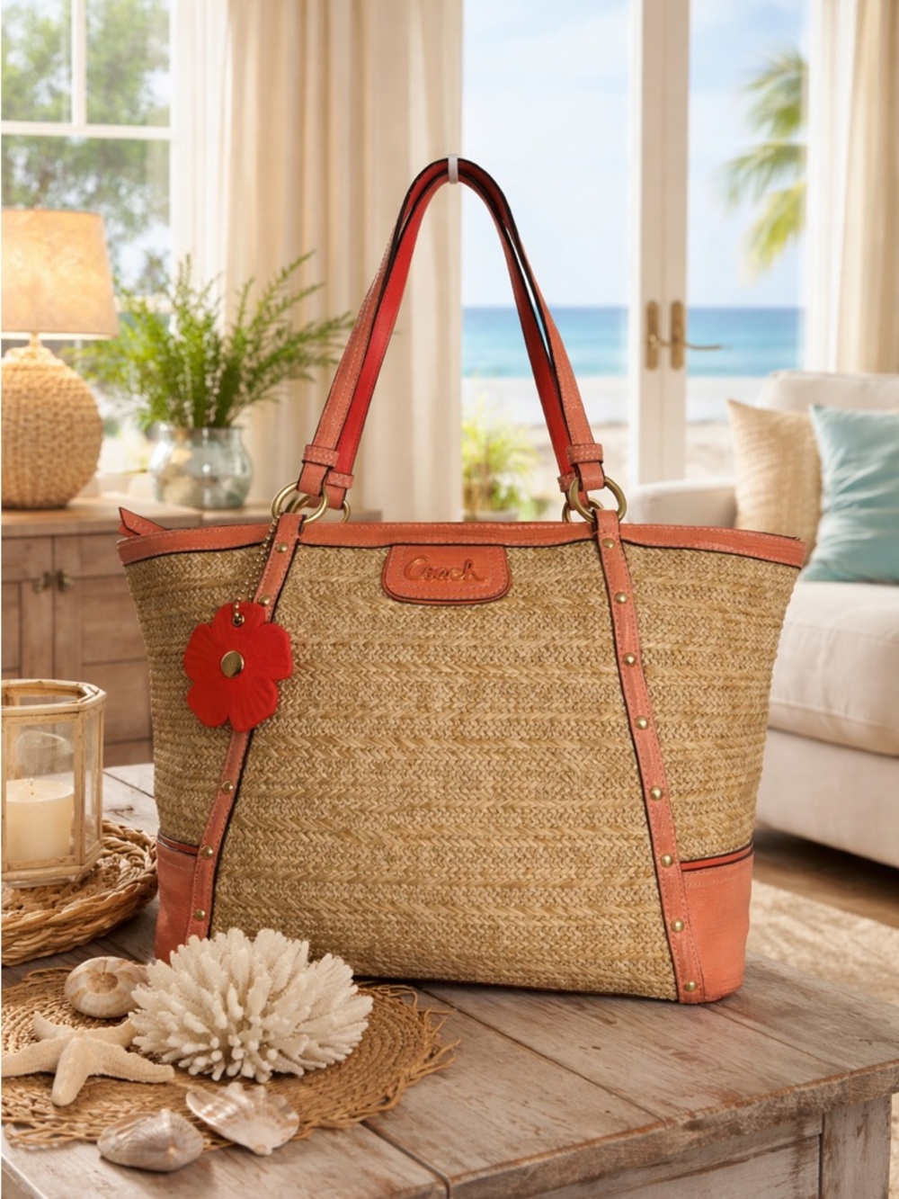 Coach Alexandra 2013 Studded Patent Straw Tote with Leather &Coach Charm .. - Picture 7 of 10